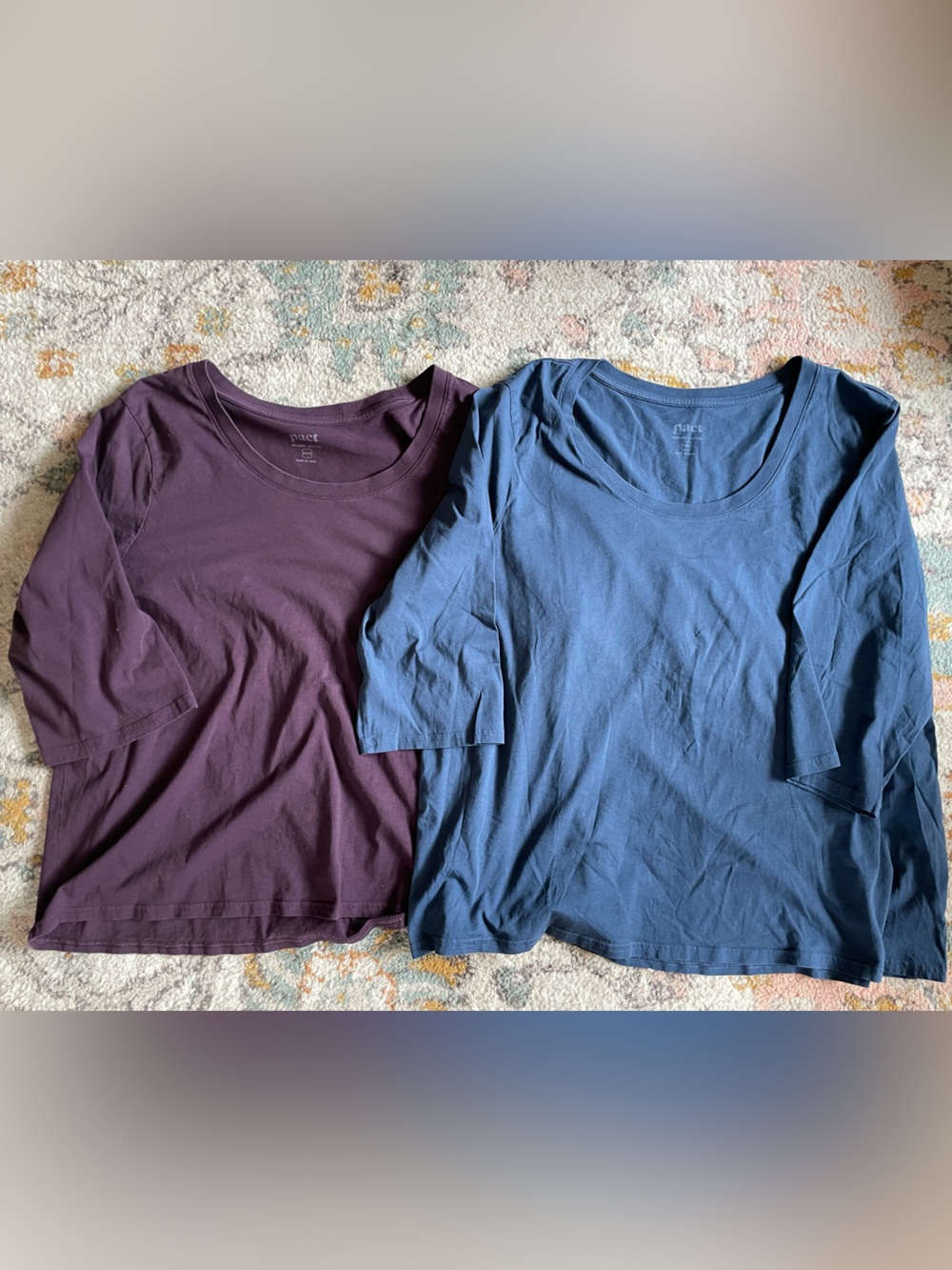 Pair of pact organic cotton Blue & Plum Crewneck Tee Tops 3/4 sleeve
